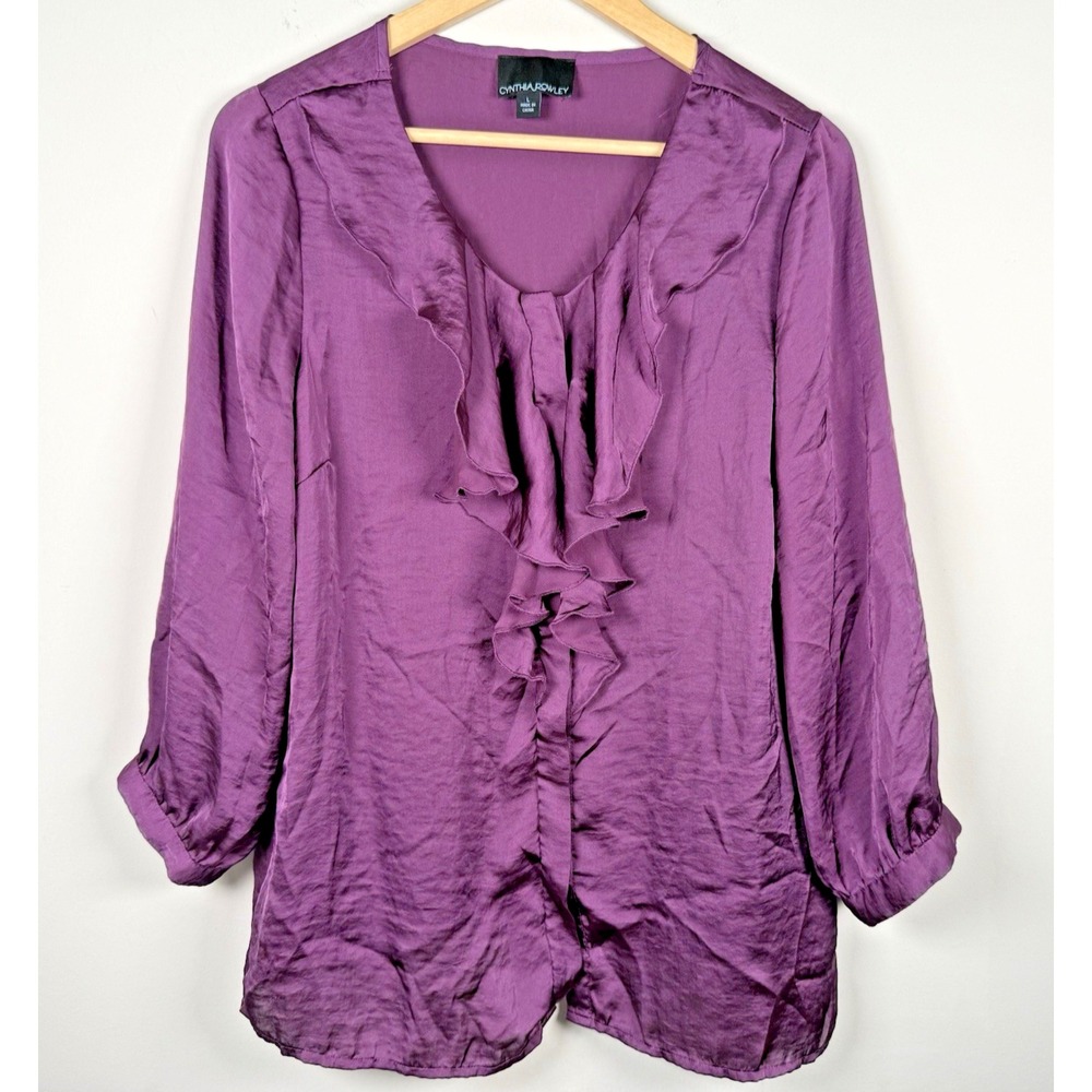 Cynthia Rowley Ruffle Tie Top Hidden Button Long Sleeves Purple Size L Romantic